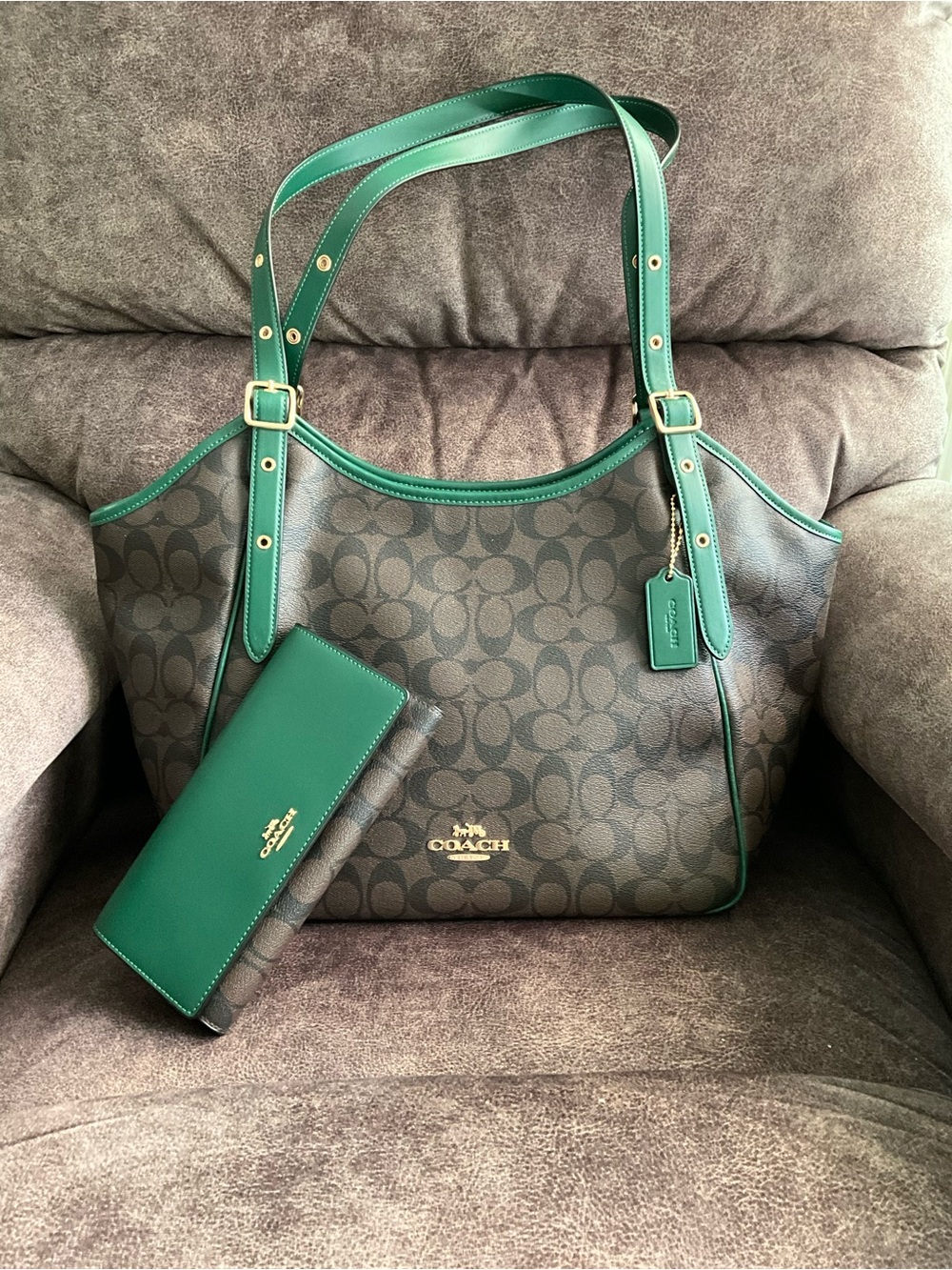 Coach Brown Signature Tote with Green Trim and Wallet